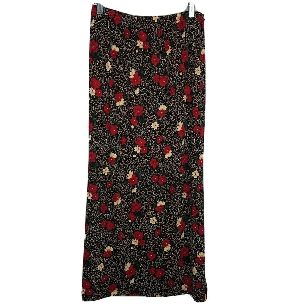 Long Floral Straight Skirt Katherine Bishop Pull On Sz PL Stretchy  Black